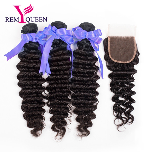 Dream Remy Queen Indian Human Hair Bundles with Closure Natural Color Free Part Deep wave 100% 8A Human Virgin Hair ps4 game Bundles