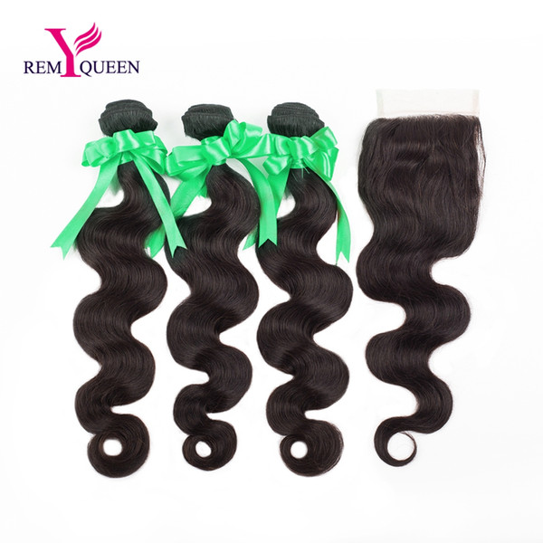 Dream Remy Queen Grade 8A Peruvian Human Hair Body Wave Natural Color 3 Bundles With Free Part Lace Closure Deals 4x4 Inch