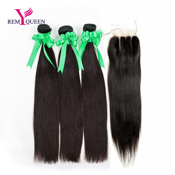 Dream Remy Queen 8A 3 Bundles With Three Part 4*4 Lace Closure Peruvian Straight Natural Color Hair Extensions