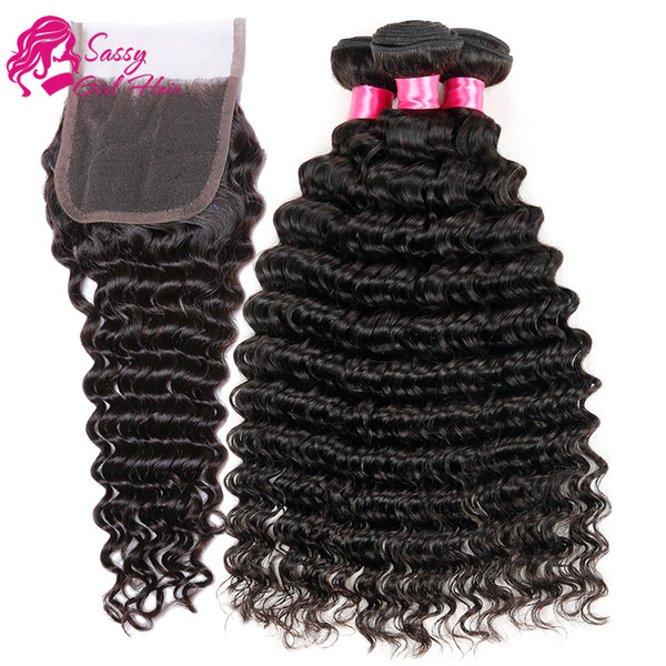 Brazilian Deep Wave Hair 3 Bundles With Closure 7a Unprocessed Brazilian Virgin Deep Wave Curly Human Hair Weave Extensions With Lace Closur