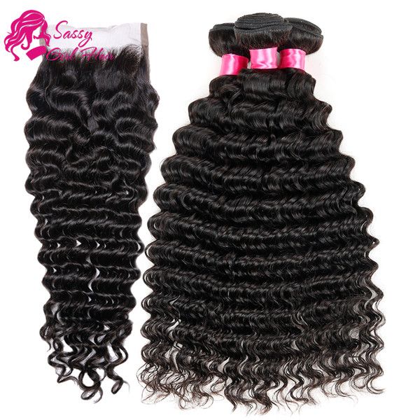 3 Bundles Malaysian Deep Wave 100% Human Hair Bundles Withl Closure Remy Hair Extension SASSY GIRL HAIR