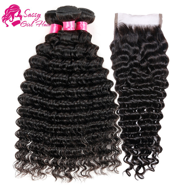 Peruvian Human Hair Weave 3 Pieces Deep Wave Bundles With Closure Non Remy Hair Extensions Virgin Hair SASSY GIRL