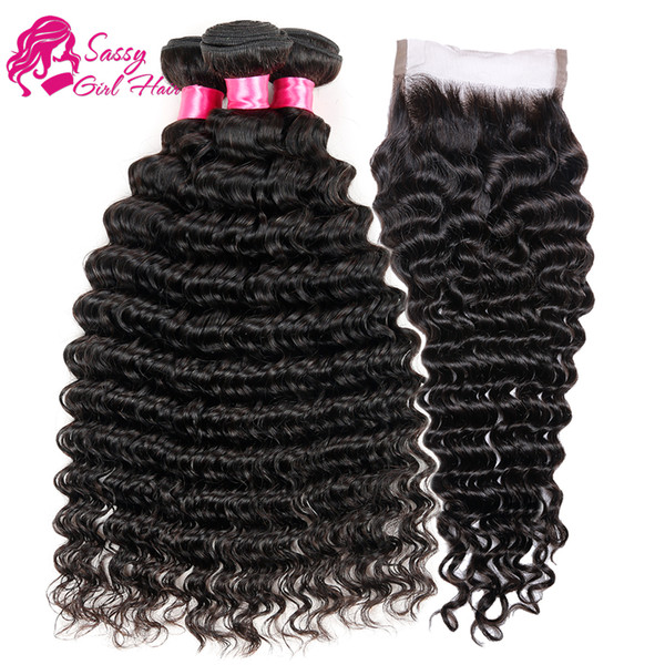 3 Bundles Brazilian Deep Wave 100% Human Hair Bundles With Frontal Natural Black Remy Hair Extension 