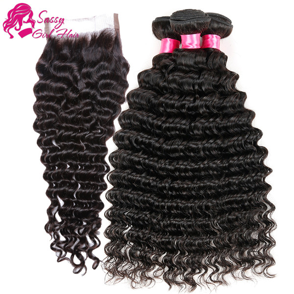 Peruvian Deep Wave With Closure 3 Bundles Peruvian Virgin Hair With Closure Deep Curly Human Hair With Closure And Baby Hair