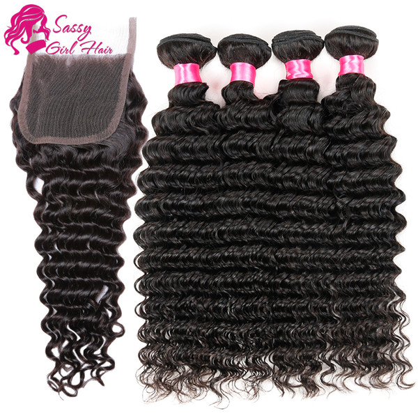 3 Bundles Brazilian Hair Deep Wave with Lace Top Closure Free Part 4x4 Remy Hair Closure Unprocessed Virgin Human Hair Natural Color