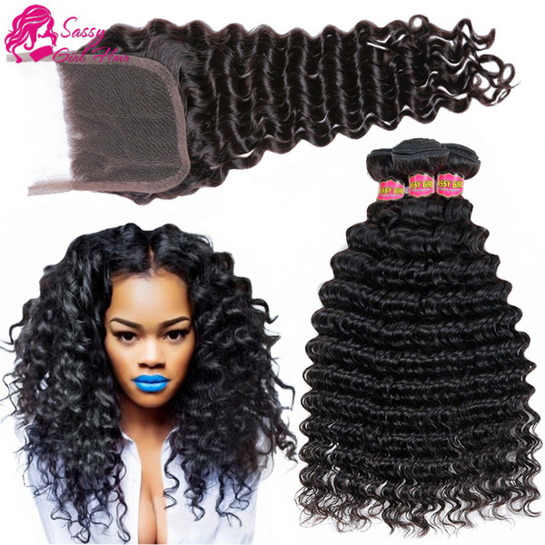 Peruvian Deep Wave With Closure 3/4Pcs Peruvian Virgin Hair With Closure 4*4 Deep Curly Human Hair With Closure And Baby Hair