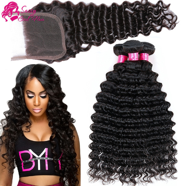 Indian Deep Curls Weave Human Hair With Deep Wave Remy Hair Closure 4*4 Virgin Hair Products Natural Color Free three Middle Part