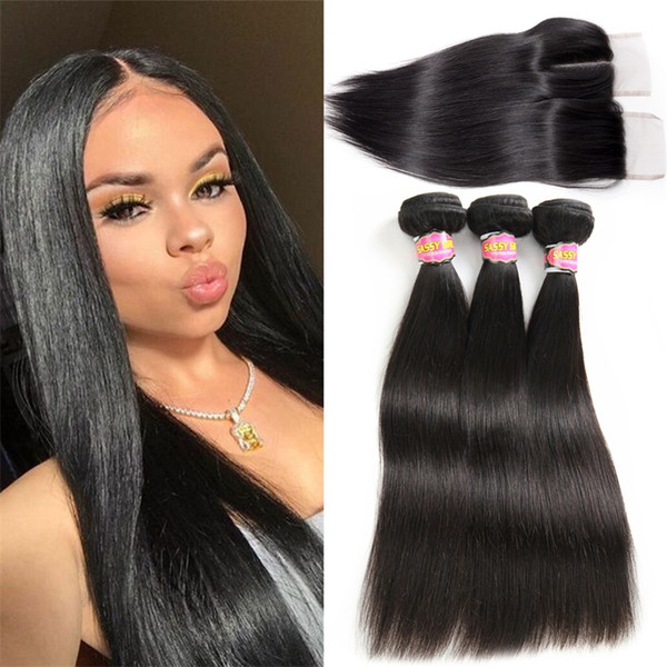 Brazilian Virgin Hair With Closure Straight Human Hair 3 Bundles With Closure 4*4 Natural Color Free Middle 3 Part SASSY GIRL