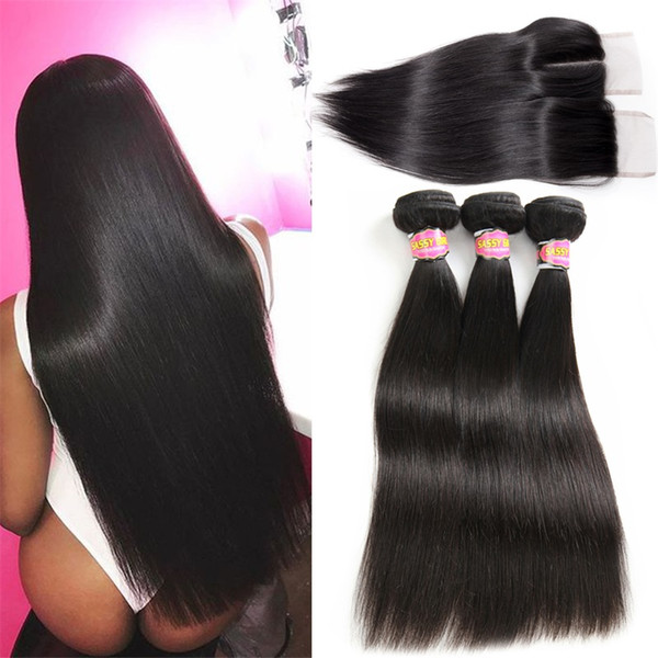 Peruvian Straight Virgin Hair With Closure Unprocessed 3Bundles Hair With 4x4 Lace Free Part Closure Straight Human Hair Bundle With Closure