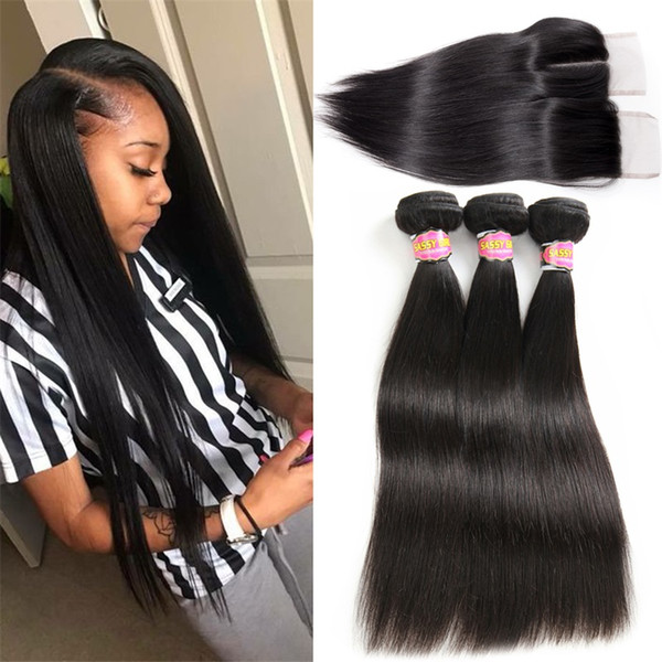 Malaysian Straight Hair 3 Bundles With Closure Virgin Unprocessed Human Hair Wefts Hair Extensions Free Part Closure