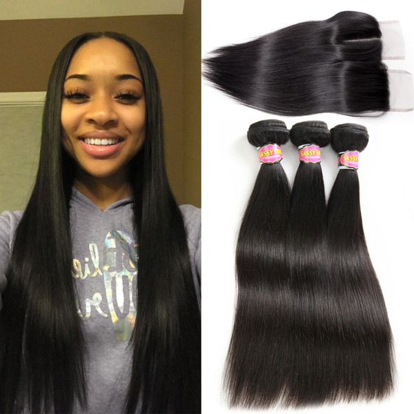 Brazilian Virgin Straight Hair Weave 3 Bundles with 1 Piece Closure 100% Unprocessed Human Hair Extensions With Brazilian Lace Closure