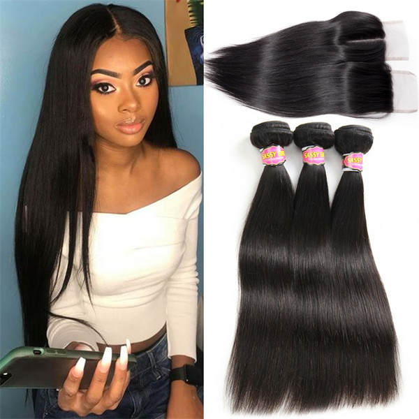 Indian Virgin Hair Straight Human Hair with Lace Closure 100% Unprocessed Straight Indian Virgin Hair Weave Natural Color SASSY GIYL