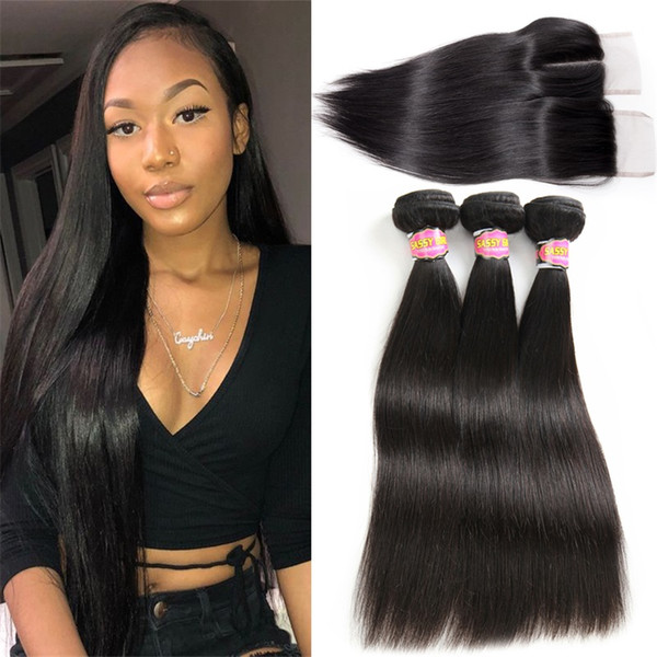 Brazilian Straight Hair With Closure 3 Bundles Unprocessed Virgin Human Hair Bundles With Lace Closure Free Part three Part Middle Part