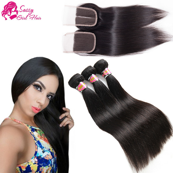 Straight Hair With Closure Brazilian Virgin Hair With Closure Straight Human Hair 3 Bundles With Closure Natural Color SASSY GIRL