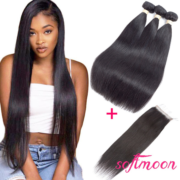 Brazilian Virgin Hair with Closure 3 Bundles Human Hair Weaves Straight with Closure 100% Unprocessed Brazilian Straight Human Hair Weaving