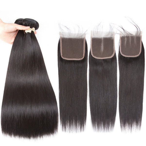 8A Malaysian Straight Hair Bundles with Closure 3 Bundles Straight Hair with Lace Closure Unprocessed Mongolian Virgin Straight Hair Weaves