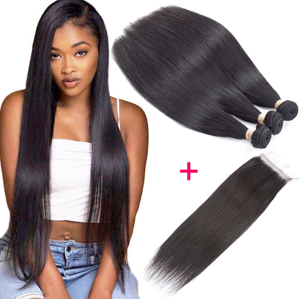 Malaysian Straight Bundles Hair with Closure 3 Bundles Unprocessed Virgin Straight Hair Bundles with Closure Malaysian Virgin Straight Hair