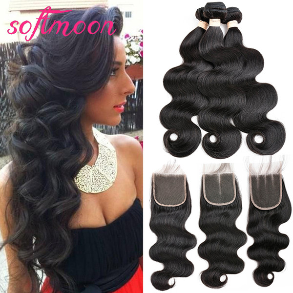 Peruvian Body Weave with Closure 3 Hair Bundles Body Wave with Free Part Closure 4x4 Swiss Lace Medium Brown Unprocessed Human Hair Weaves