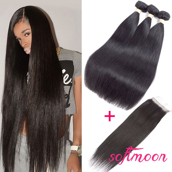 Peruvian Straight Hair with Closure 100% Unprocessed Virgin Straight Hair Bundles with Lace Closure Natural Black Peruvian Hair with Closure