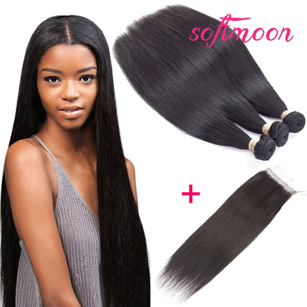 Peruvian Straight Human Hair with Closure Unprocessed Peruvian Virgin Straight Hair Bundles with Closure 4 Pieces/set Straight Hair