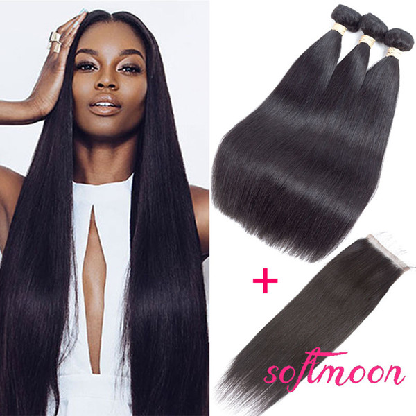 Malaysian Straight Hair with Closure 3 Bundles Virgin Straight Hair Bundles with Lace Closure 100% Unprocessed Malaysian Hair with Closure