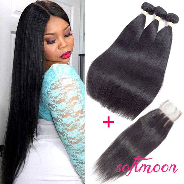 Peruvian Virgin Straight Hair Bundles with Closure 3 Bundles Unprocessed Peruvian Straight Bundles with Closure 100g/pc Hair Product On Sale