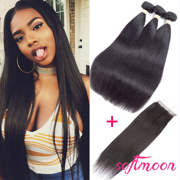 Brazilian Virgin Straight Hair with Closure 3 Bundles Unprocessed Straight Bundles with Lace Closure Virgin Brazilian Hair with Closure