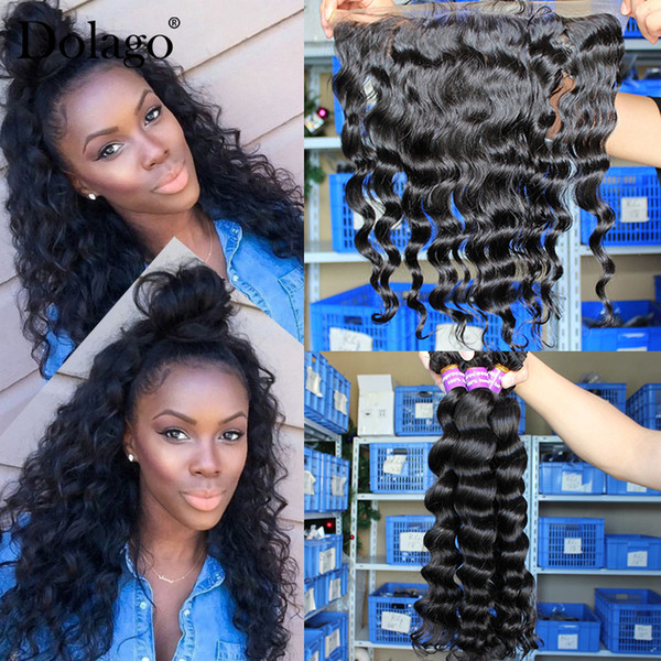 Loose Wave Bundles With Frontal Closure 3 Brazilian Hair Weave Bundles With Closure 4 Pieces/Lot Remy Human Hair 13x4 Lace Dolago