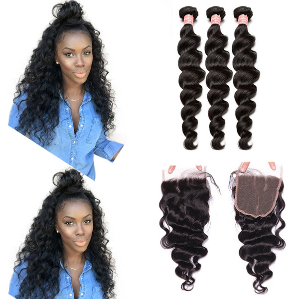 Brazilian Hair Weave 3 Bundles With Lace Closure Free Part Loose Wave Human Hair Bundles With Closure Dolago