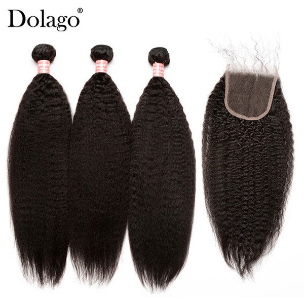 Kinky Straight Hair Bundles With Closure 3 Coarse Yaki Brazilian Human Hair Weave Bundles With Closure Remy Dolago Hair Products