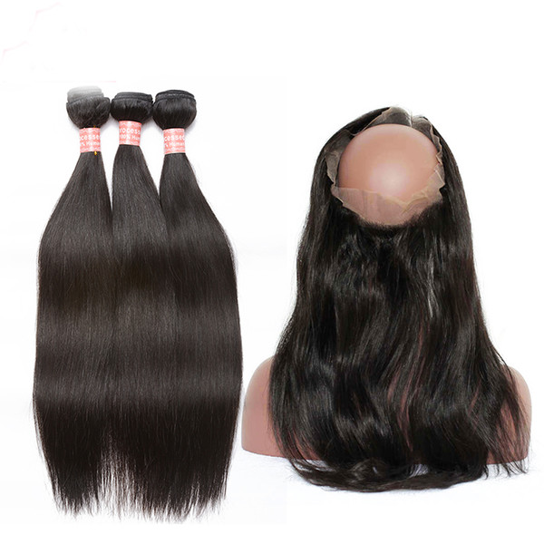 Straight Bundles With Closure 360 Lace Frontal 3 Brazilian Hair Weave Bundles With Closure Pre Plucked Dolago Remy