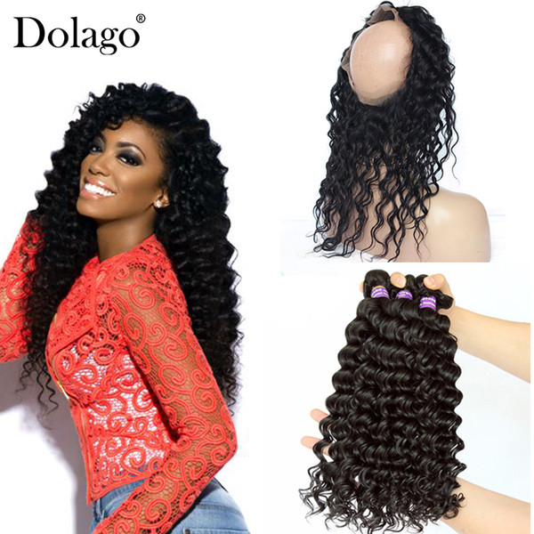 Malaysian Deep Wave Human Hair Bundles With 360 Lace Frontal Closures With Human Hair Wefts Dolago Remy