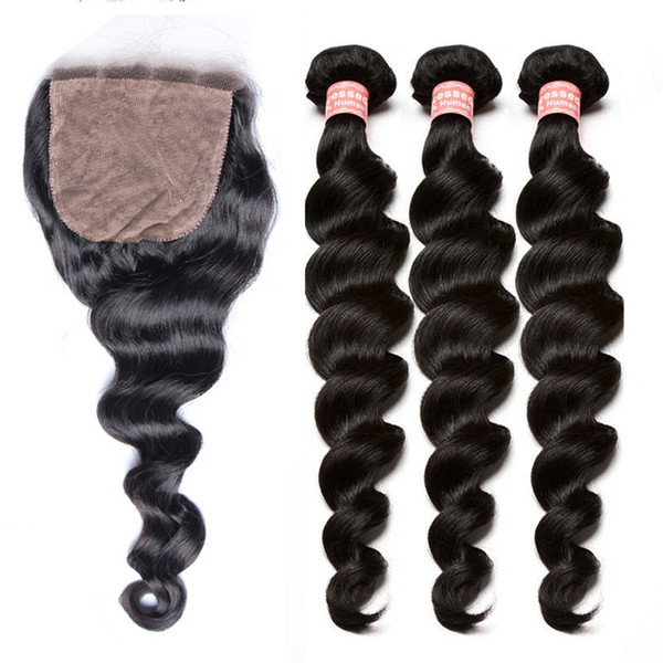 3 Human Hair Bundles With Silk Base Closure Loose Wave Brazilian Human Hair Weave Bundles With Closures Dolago Remy