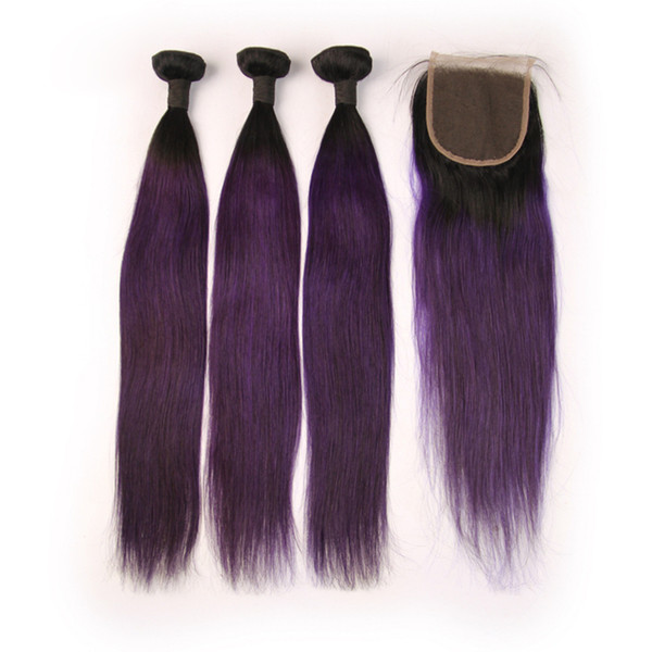 100% Human Hair Bundles 1B Purple Ombre Bundles with Closure Brazilian Straight Ombre 3 Human Hair Bundles with 4*4 Closure