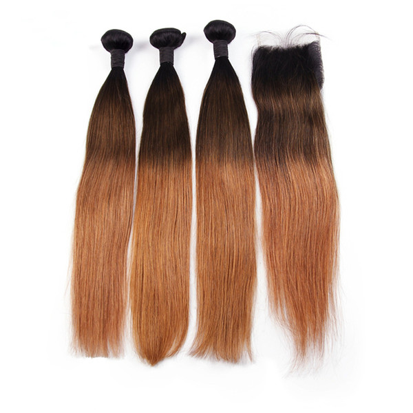 3 Tone Ombre Straight Human Hair Bundles With Closure 1B/4/30 Brazilian Hair Bundles With 4*4 Lace Closure Remy Hair