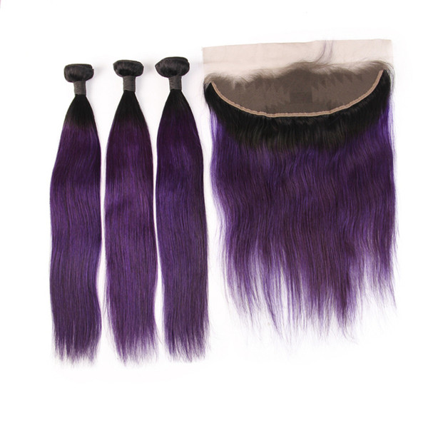 3 Human Hair Bundles With 13*4 Frontal Straight 1B purple Color Human Hair Extensions 8-28 Inch Remy Hair