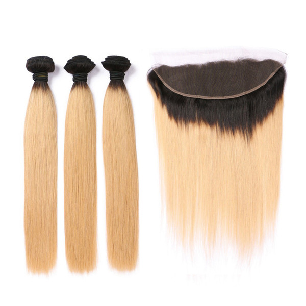 Ombre 1b27 Hair Color Brazilian Straight Hair Wefts 3 Bundles with 13*4 Ear to Ear Lace Frontal Remy Human Hair