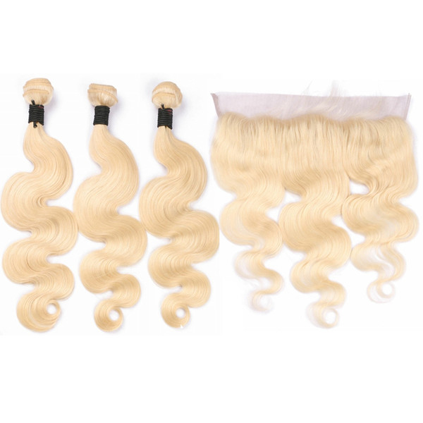 LIN MAN Blonde Color Hair Wefts 3 Bundle with 13*4 Ear to Ear Lace Frontal Closure Brazilian Human Hair Blonde 613 Remy Hair