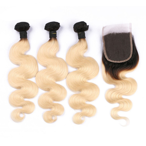 LIN MAN Ombre Blonde Hair 3 Human Hair Bundles With 4*4 Lace Closure 1B/613 Body Wave Brazilian Remy Hair Wefts