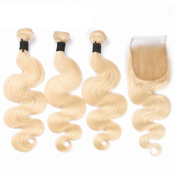 Brazilian Remy Hair Pure Blonde Human Hair Bundles With 4*4 Lace Closure 613 Color Body Wave Hair Wefts LIN MAN