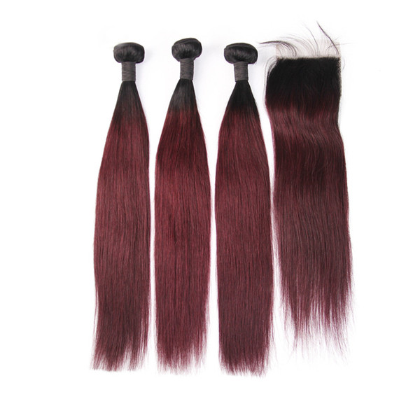 3 Human Hair Bundles With Closure Ombre Peruvian Straight Hair 1B Burgundy Red Color 99J Two Tone Bundle With Lace Closure