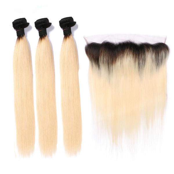 1B 613 Ombre Blonde Hair Wefts 3 Bundles with 13*4 Ear to Ear Lace Frontal Brazilian Remy Human Hair Bundles 1b613 Ombre Hair