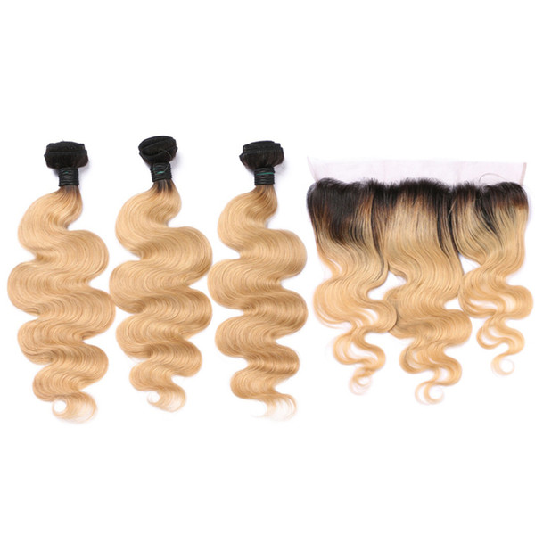 3pcs Human Hair Bundles with 13*4 Ear to Ear Lace Frontal Remy Human Hair Ombre 1b27 Honey Blonde Brazilian Hair Wefts