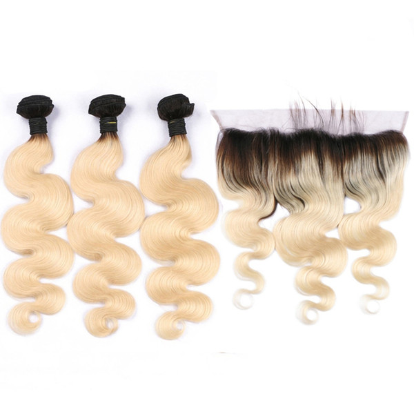 LIN MAN Remy Hair Ombre Color 1B/613 Hair Wefts 3 Brazilian Human Hair Bundles with 13*4 Ear to Ear Lace Frontal