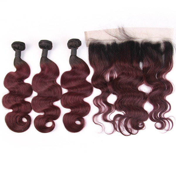 Wine Red 1b 99J Ombre Human Hair Bundles With Lace Frontal Closure Brazilian Remy Hair 3 Bundles With 13*4 Closure