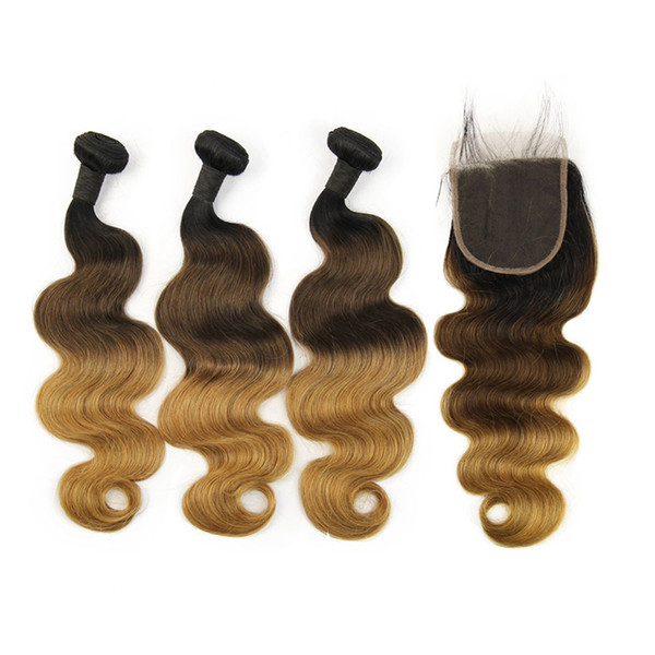 Ombre Brazilian Body Wave Human Hair Bundles with 4*4 Lace Closure Remy Hair Weave 3 Bundles with Closure 1B/4/27