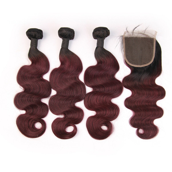 3 Bundle With 4*4 inch Lace Closure 1B/99J Burgundy Dark Wine Brazilian Human Hair Bundles with Closure