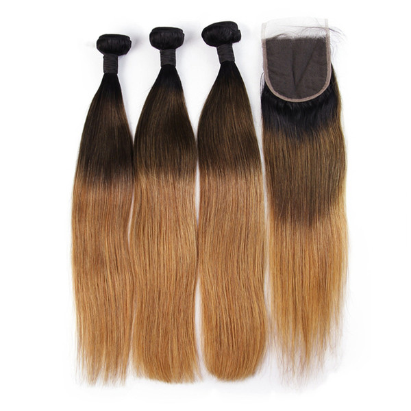 Three Bundles Ombre Brazilian Straight 100% Human Hair Bundles With Closure 1b/4/27 4x4 Free Part Remy Lace Closure