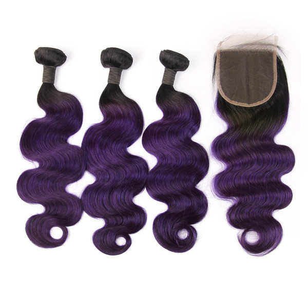 Purple Human Hair Bundles with Closure 1B purple Color Body Wave Ombre 3 Bundles With 4*4 Closure Ombre Human Remy Hair