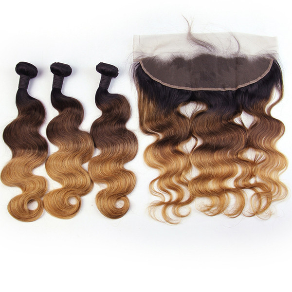 Brazilian Hair Ombre Bundles with Frontal Body Wave Remy Human Hair 1B/4/27 Ombre Bundles with 13*4 Lace Frontal Closure